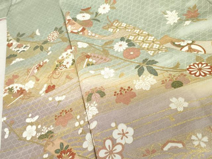 平和屋着物●訪問着　短冊花蝶文　暈し染め　金彩　ロング丈　正絹　逸品　AABE8572cs