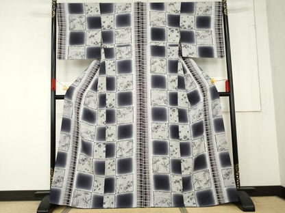 平和屋着物●上質な小紋　鹿の子市松文　暈し染め　金彩　正絹　逸品　AABE8577cs