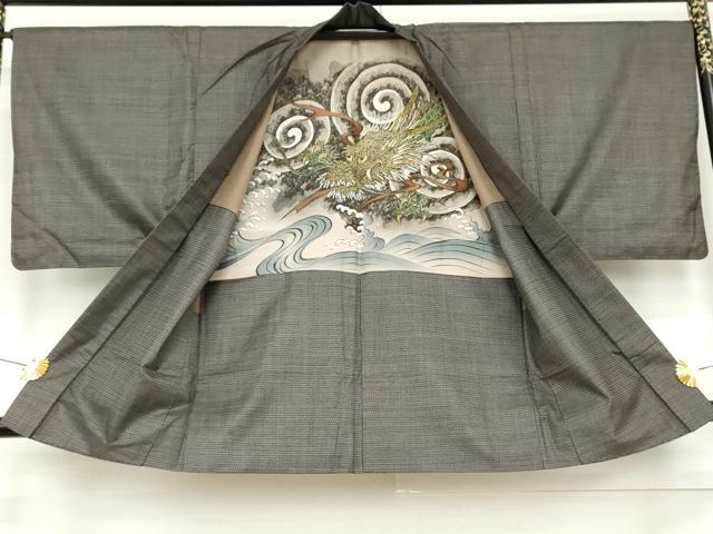 平和屋着物●男性　本場大島紬　アンサンブル　長襦袢(無双仕立て)セット　100亀甲　総詰め　羽裏：龍　正絹　逸品　AABE8582cs