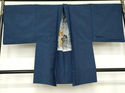 平和屋着物●男性　紬　アンサンブル　色無地　青藍色　羽裏：虎　正絹　逸品　AABE8584cs