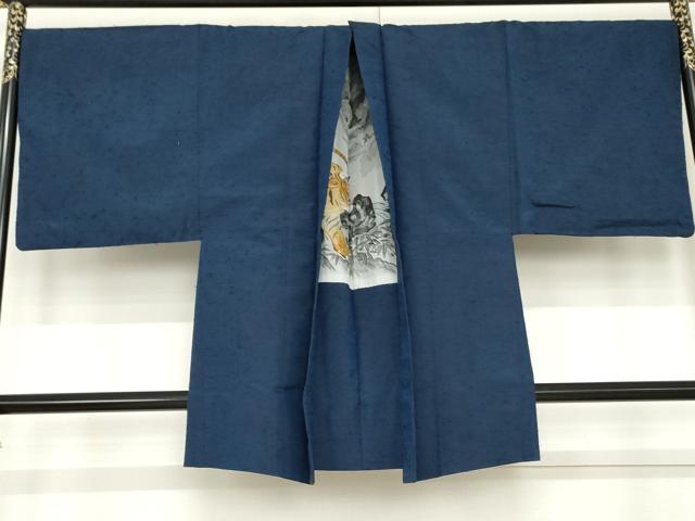 平和屋着物●男性　紬　アンサンブル　色無地　青藍色　羽裏：虎　正絹　逸品　AABE8584cs