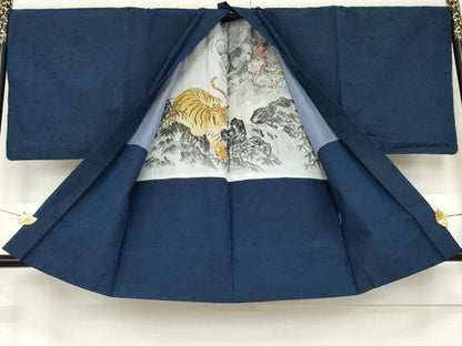 平和屋着物●男性　紬　アンサンブル　色無地　青藍色　羽裏：虎　正絹　逸品　AABE8584cs