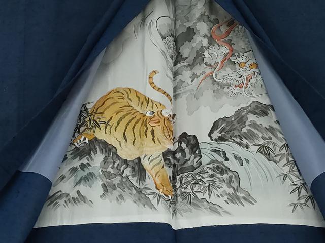 平和屋着物○男性 紬 アンサンブル 色無地 青藍色 羽裏：虎 正絹