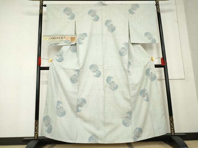 平和屋着物●人間国宝 田中林次 本場結城紬 重要無形文化財 100亀甲 モロ入り 飛び亀甲 雪輪草花文 藍色 証紙付き 正絹 逸品 AABE8588cs