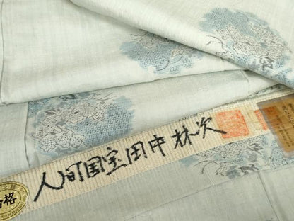 平和屋着物●人間国宝 田中林次 本場結城紬 重要無形文化財 100亀甲 モロ入り 飛び亀甲 雪輪草花文 藍色 証紙付き 正絹 逸品 AABE8588cs