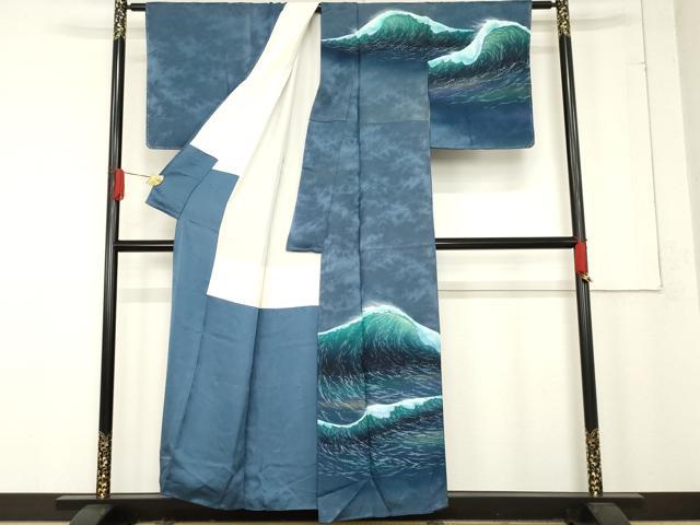 平和屋着物●染色作家　青木龍雲　訪問着　立波文　八掛：マンタ　暈し染め　正絹　逸品　AABE8598cs