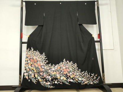 平和屋着物●豪華黒留袖　友禅　作家物　翠晶　花鳥文　正絹　逸品　AABE8608cs