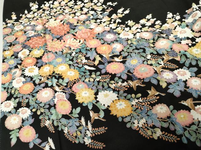 平和屋着物●豪華黒留袖　友禅　作家物　翠晶　花鳥文　正絹　逸品　AABE8608cs