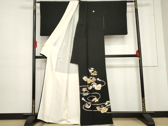 平和屋着物●皇室献上作家　野村静枝　佐賀錦　黒留袖　駒刺繍　貝合わせ吉祥草花文　金銀糸　正絹　逸品　AABE8613cs