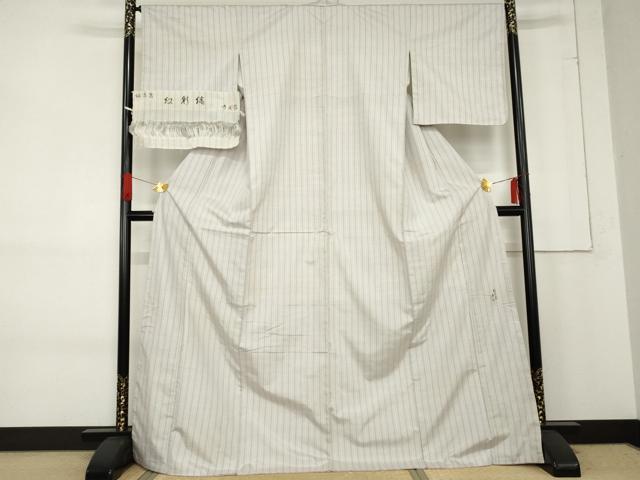 平和屋着物●紅花紬　米沢　新田秀次　紅彩縞　反端付き　ロング丈　正絹　逸品　AABE8621cs
