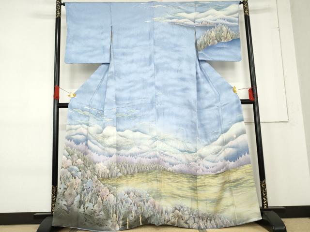 平和屋着物●泰常　訪問着　絞り　遠山風景樹林文　暈し染め　正絹　逸品　AABE8622cs