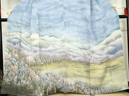 平和屋着物●泰常　訪問着　絞り　遠山風景樹林文　暈し染め　正絹　逸品　AABE8622cs