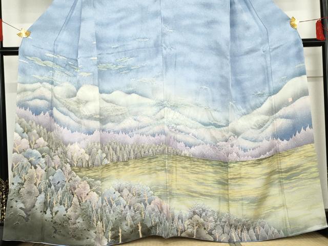 平和屋着物●泰常　訪問着　絞り　遠山風景樹林文　暈し染め　正絹　逸品　AABE8622cs