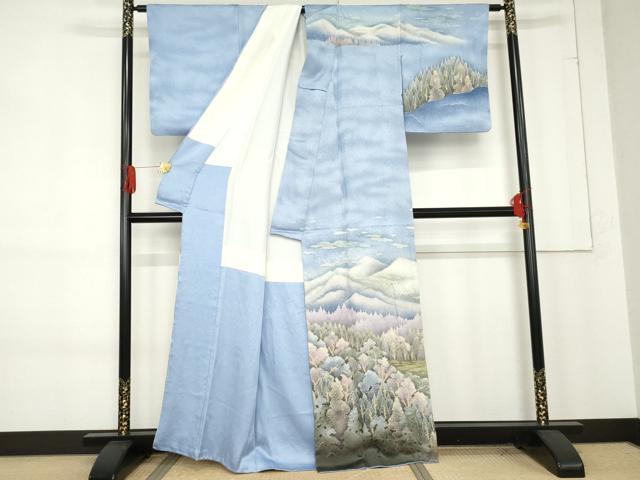 平和屋着物●泰常　訪問着　絞り　遠山風景樹林文　暈し染め　正絹　逸品　AABE8622cs