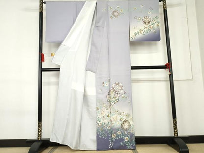 平和屋着物●訪問着　双鳥更紗花蝶文　暈し染め　正絹　逸品　AABE8625cs