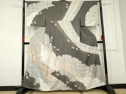 平和屋着物●訪問着　杢目絞り　雪輪花文　金彩　正絹　逸品　AABE8639cs