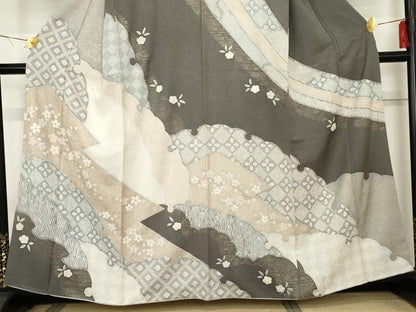 平和屋着物●訪問着　杢目絞り　雪輪花文　金彩　正絹　逸品　AABE8639cs