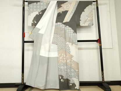 平和屋着物●訪問着　杢目絞り　雪輪花文　金彩　正絹　逸品　AABE8639cs