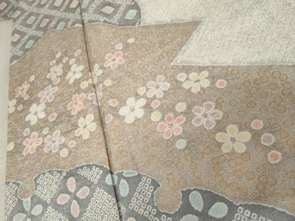 平和屋着物●訪問着　杢目絞り　雪輪花文　金彩　正絹　逸品　AABE8639cs