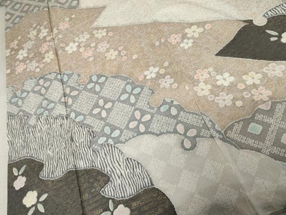 平和屋着物●訪問着　杢目絞り　雪輪花文　金彩　正絹　逸品　AABE8639cs
