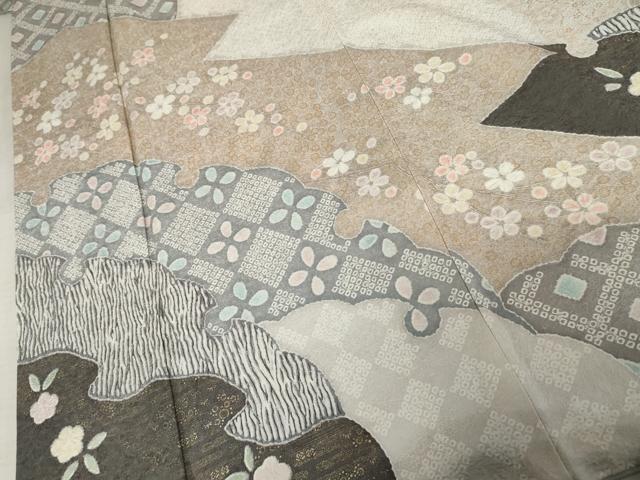 平和屋着物●訪問着　杢目絞り　雪輪花文　金彩　正絹　逸品　AABE8639cs