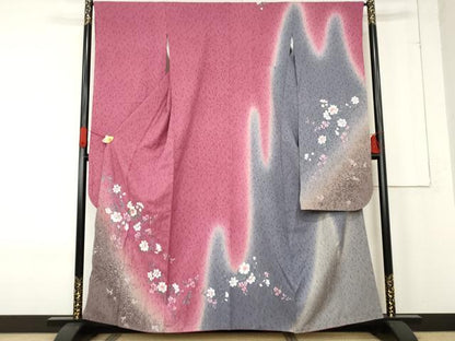 平和屋着物●豪華振袖　手描き　刺繍　枝花文　暈し染め　金糸　金彩　やまと誂製　正絹　逸品　AABE8640cs