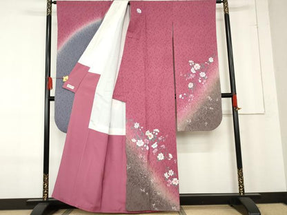 平和屋着物●豪華振袖　手描き　刺繍　枝花文　暈し染め　金糸　金彩　やまと誂製　正絹　逸品　AABE8640cs