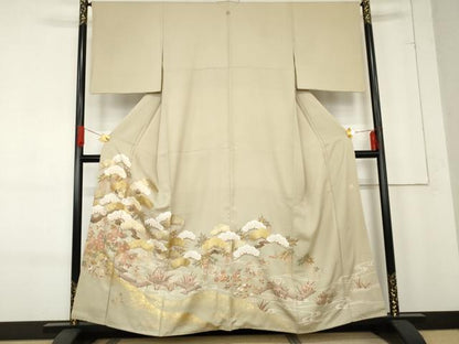 平和屋着物●豪華色留袖　作家物　龍谷　駒刺繍　流水花松文　金彩　正絹　逸品　AABE8644cs