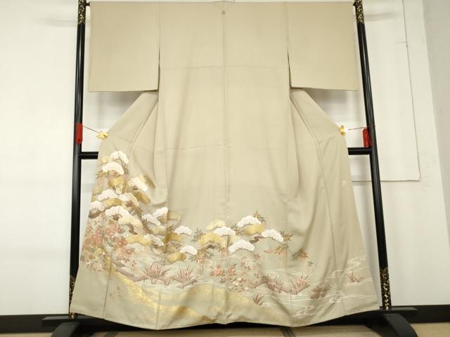 平和屋着物●豪華色留袖　作家物　龍谷　駒刺繍　流水花松文　金彩　正絹　逸品　AABE8644cs
