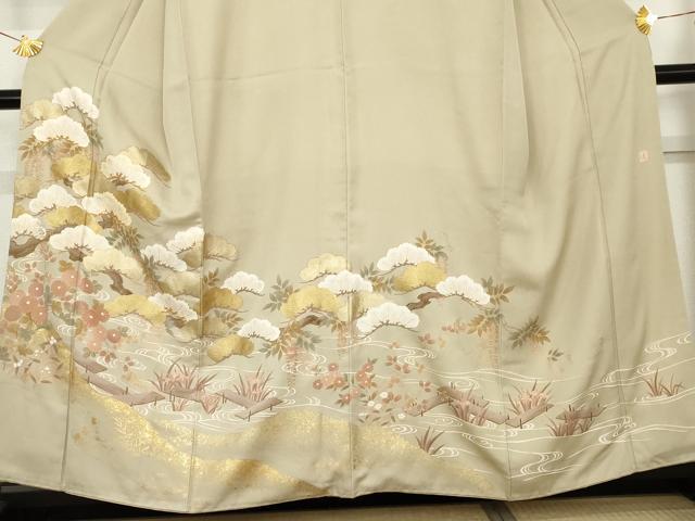 平和屋着物●豪華色留袖　作家物　龍谷　駒刺繍　流水花松文　金彩　正絹　逸品　AABE8644cs 平和屋着物○豪華色留袖 作家物 龍谷 駒刺繍 流水花松文 金彩