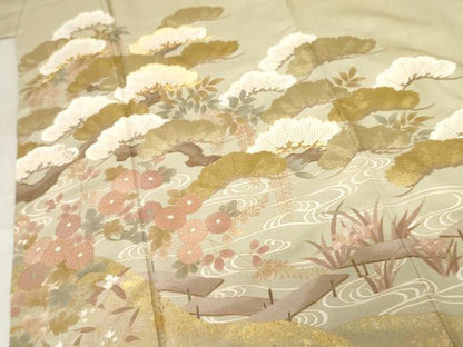 平和屋着物●豪華色留袖　作家物　龍谷　駒刺繍　流水花松文　金彩　正絹　逸品　AABE8644cs