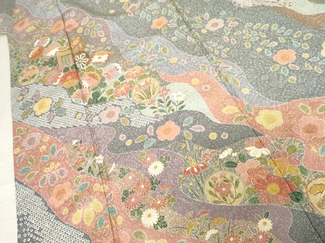 平和屋着物●訪問着　辻が花　御所車吉祥花文　金彩　正絹　逸品　AABE8648cs
