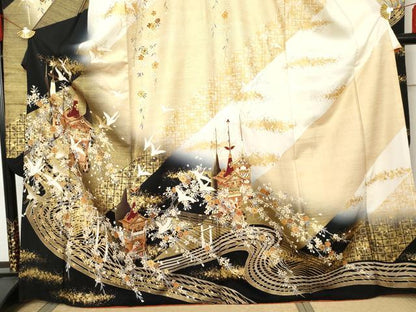 平和屋着物●豪華振袖　駒刺繍　飛鶴吉祥花文　暈し染め　金彩　正絹　逸品　AABE8649cs