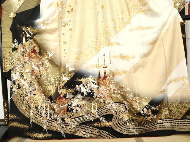 平和屋着物●豪華振袖　駒刺繍　飛鶴吉祥花文　暈し染め　金彩　正絹　逸品　AABE8649cs