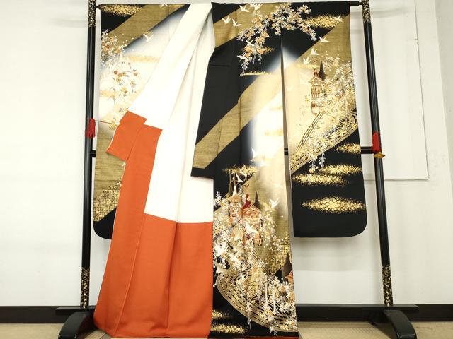 平和屋着物●豪華振袖　駒刺繍　飛鶴吉祥花文　暈し染め　金彩　正絹　逸品　AABE8649cs