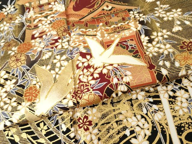 平和屋着物●豪華振袖　駒刺繍　飛鶴吉祥花文　暈し染め　金彩　正絹　逸品　AABE8649cs