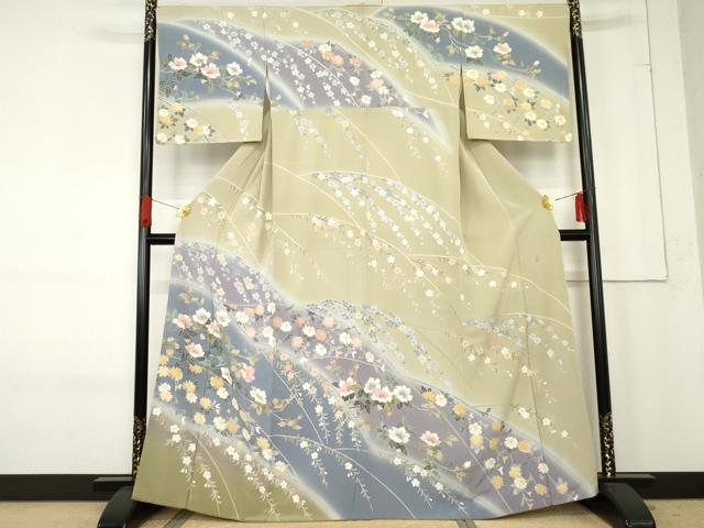 平和屋着物●十日町友禅作家　岡村蒼風　訪問着　枝花文　暈し染め　正絹　逸品　AABE1204ph 平和屋着物○十日町友禅作家 岡村蒼風 訪問着 枝花文 暈