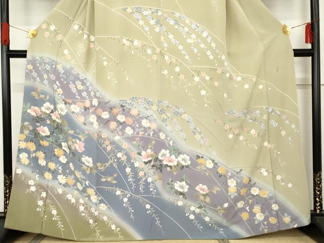 平和屋着物●十日町友禅作家　岡村蒼風　訪問着　枝花文　暈し染め　正絹　逸品　AABE1204ph 平和屋着物○十日町友禅作家 岡村蒼風 訪問着 枝花文 暈