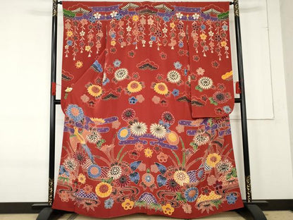 平和屋着物●豪華振袖　紅型　流水花鳥文　正絹　逸品　AABE8664cs