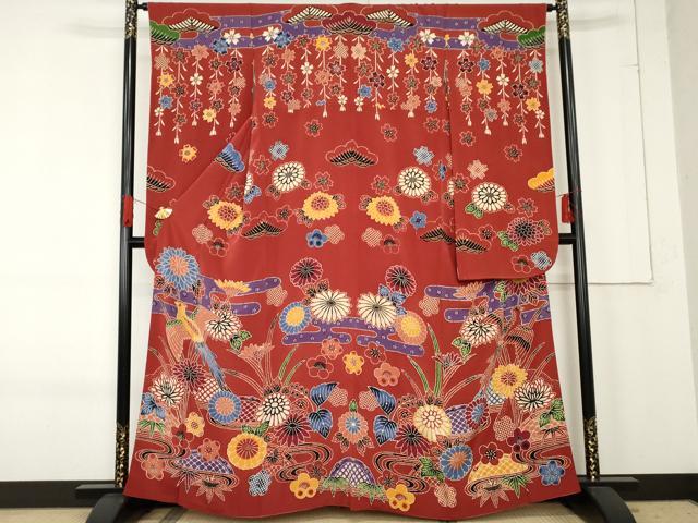 平和屋着物●豪華振袖　紅型　流水花鳥文　正絹　逸品　AABE8664cs