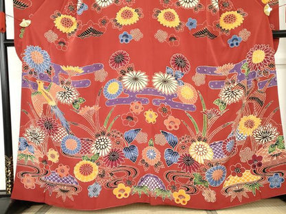 平和屋着物●豪華振袖　紅型　流水花鳥文　正絹　逸品　AABE8664cs