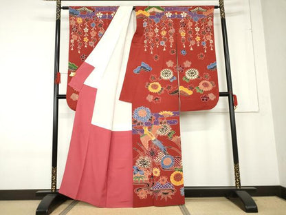 平和屋着物●豪華振袖　紅型　流水花鳥文　正絹　逸品　AABE8664cs