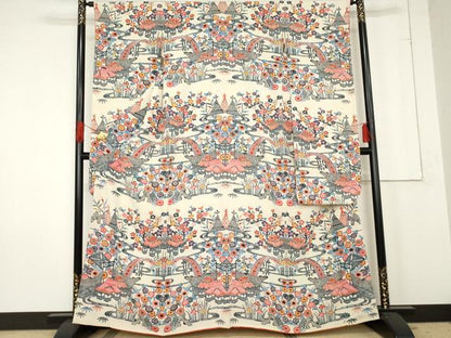 平和屋着物●本場琉球紅型　振袖　渡り椿風景文　正絹　逸品　AABE8666cs