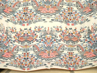 平和屋着物●本場琉球紅型　振袖　渡り椿風景文　正絹　逸品　AABE8666cs