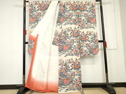 平和屋着物●本場琉球紅型　振袖　渡り椿風景文　正絹　逸品　AABE8666cs