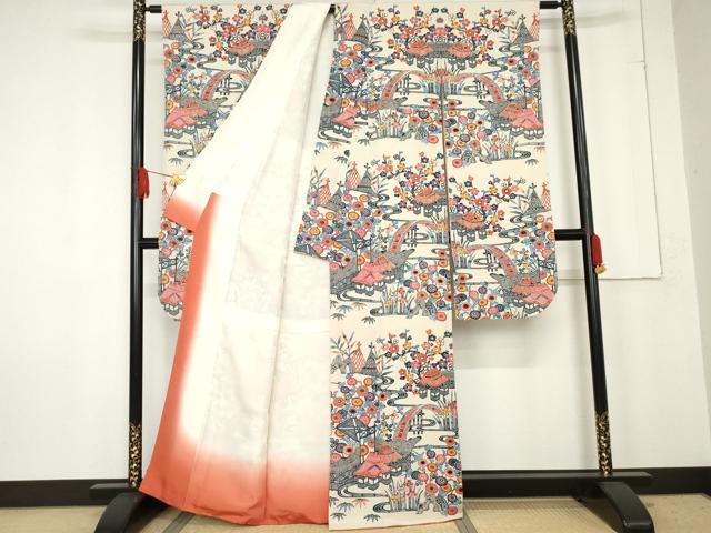 平和屋着物●本場琉球紅型　振袖　渡り椿風景文　正絹　逸品　AABE8666cs