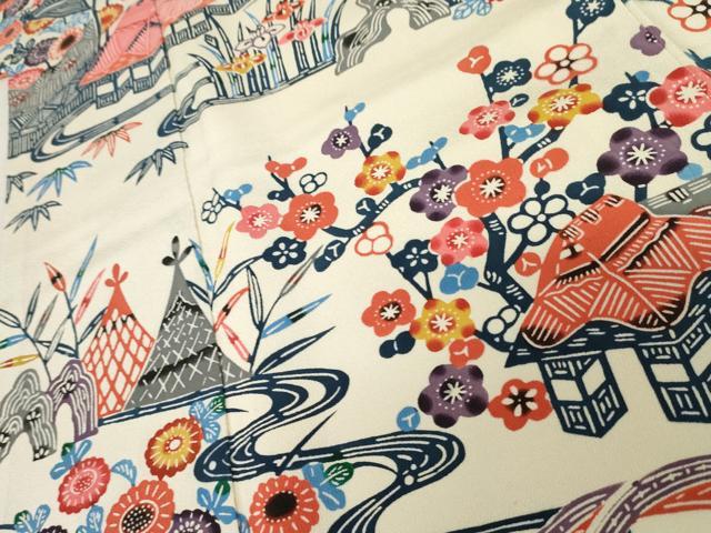 平和屋着物○本場琉球紅型 振袖 渡り椿風景文 正絹 逸品 AABE8666cs