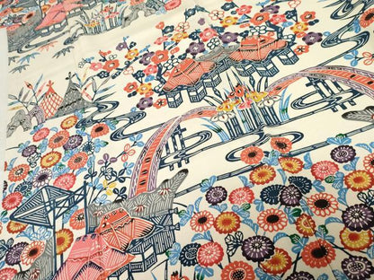 平和屋着物●本場琉球紅型　振袖　渡り椿風景文　正絹　逸品　AABE8666cs