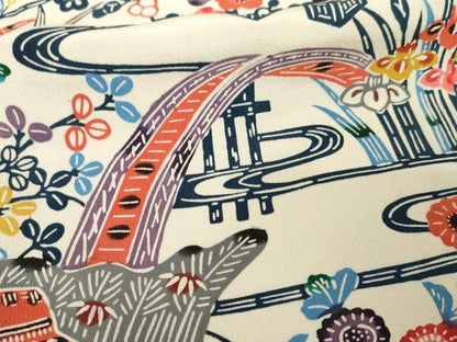 平和屋着物●本場琉球紅型　振袖　渡り椿風景文　正絹　逸品　AABE8666cs