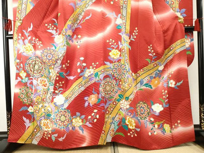 平和屋着物●豪華振袖　友禅　駒刺繍　正倉院吉祥花文　暈し染め　金糸　金彩　正絹　逸品　AABE8669cs